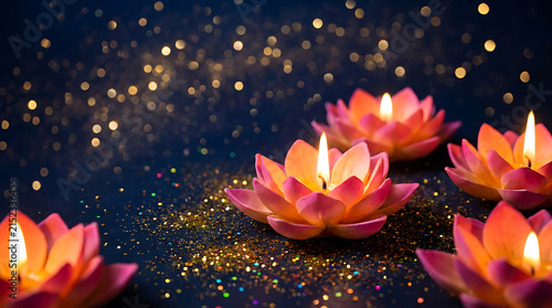 Beautiful lotusshaped candles glowing on a dark glittery background
