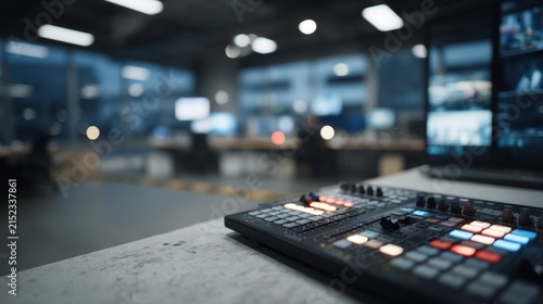Professional video switcher console with illuminated buttons and controls in blurry dark broadcast studio for live television production.