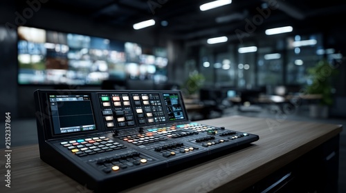 Professional video switcher console with multiple screens and control buttons in modern dark broadcast studio for live television production.