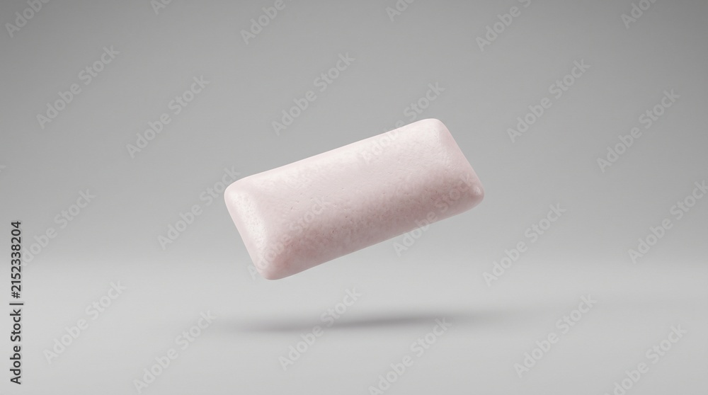 Fototapeta premium A single pink piece of chewing gum suspended in the air against a neutral gray background with soft shadow beneath