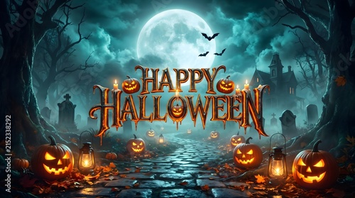Spooky Halloween typography with glowing pumpkins with pumpkins dark background