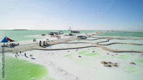 Aerial View of Ten-Thousand-Zhang Salt Bridge in Qarhan Salt Lake: Pure Emerald Water, White Salt Causeway and Sunlight in Qinghai