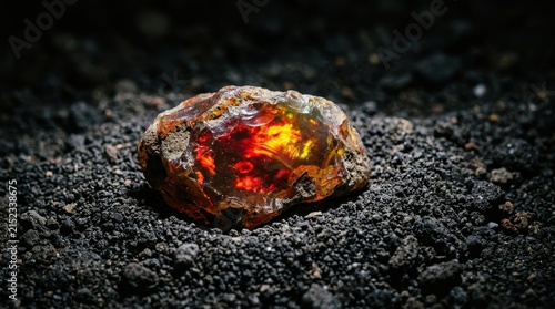 Striking rough fire opal gemstone displaying intense red and orange hues on a dark, textured surface