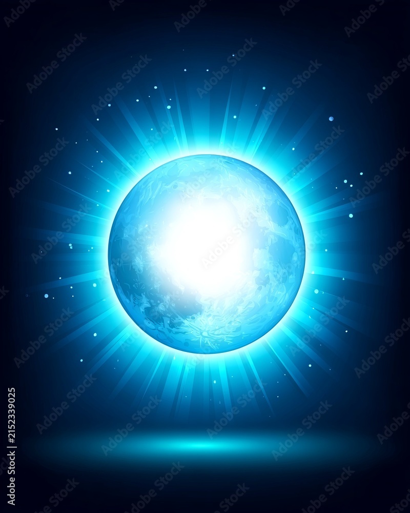 Fototapeta premium Luminous bright blue sphere glowing with radiating light and particles against dark background for fantasy.