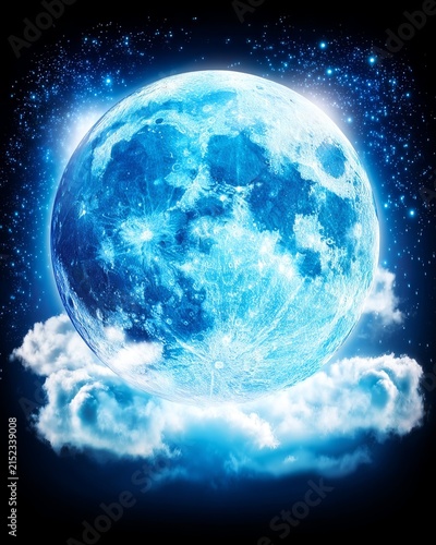 Full moon with craters glowing intensely and surrounded by clouds and stars against dark night sky.