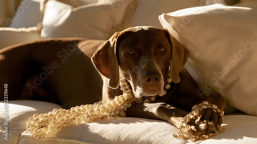 A regal canine reclines on a sleek white couch, encrusted with ornate jewelry, bathed in gentle, welcoming light, during a snug afternoon
