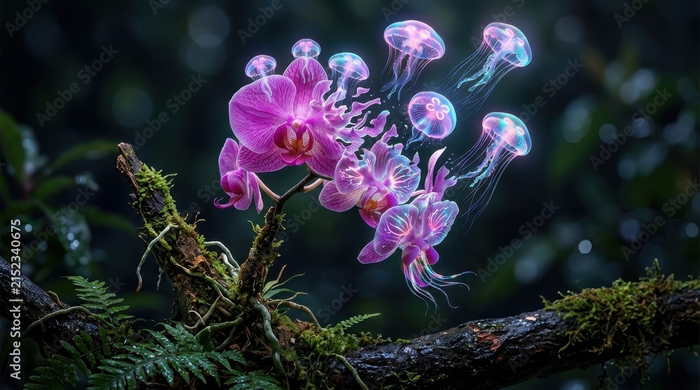 Fototapeta premium Purple orchids transforming into glowing jellyfish in a forest