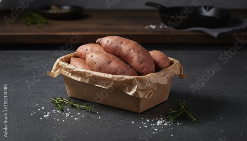 Gourmet sweet potatoes in rustic paper packaging on dark stone