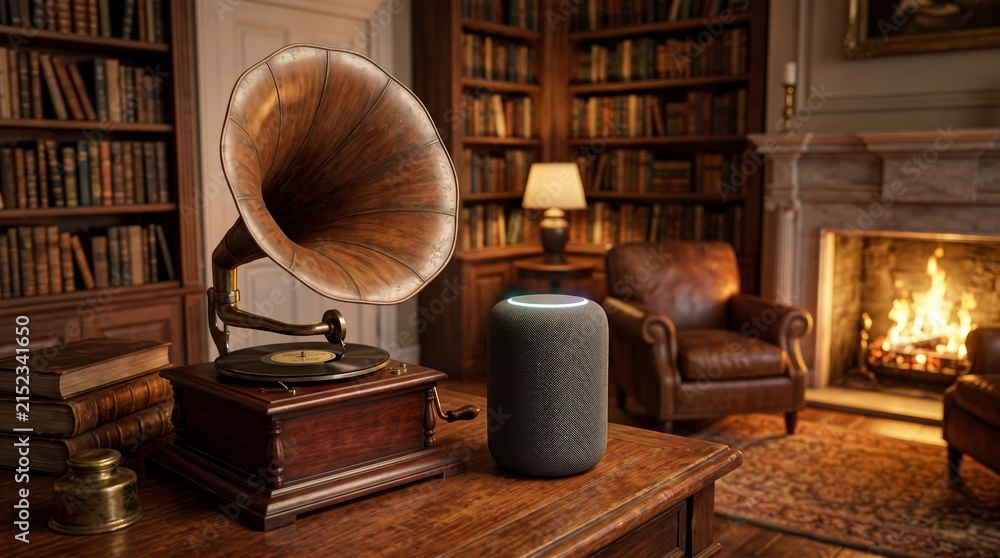 Obraz premium A classic gramophone and a smart speaker on a wooden table. Concept contrast between retro charm and modern technology, ideal for themes of innovation, nostalgia, and interior design. Generative AI.