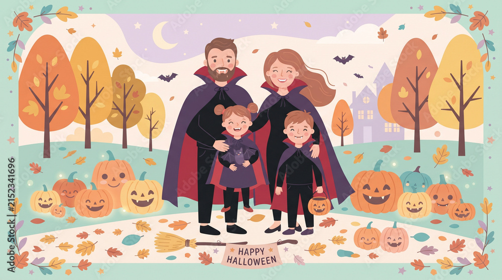 Fototapeta premium Illustration of family wearing vampire costumes on Halloween