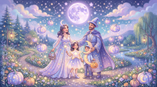 Illustration of family wearing vampire costumes on Halloween