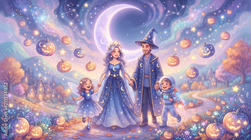 Illustration of family wearing vampire costumes on Halloween
