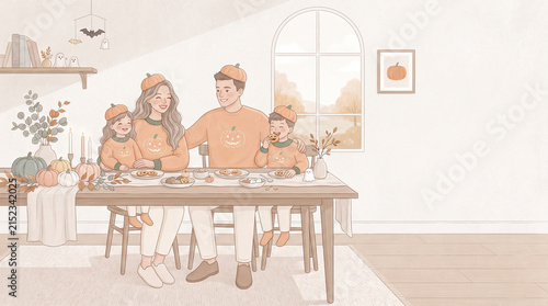 Illustration of family wearing vampire costumes on Halloween