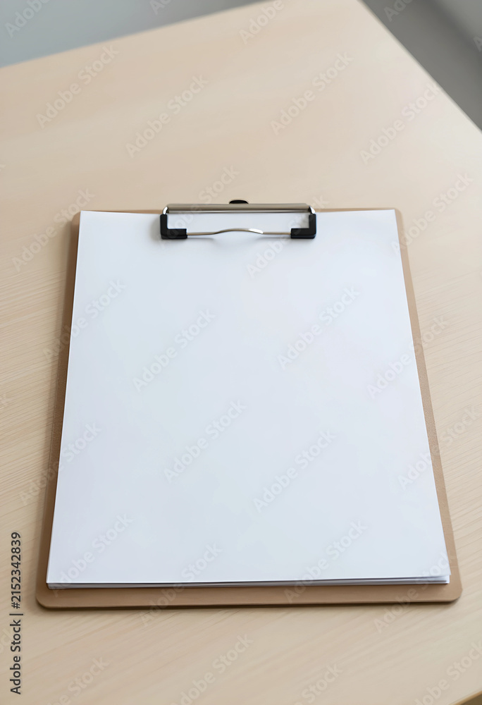 Fototapeta premium Blank white paper on a brown clipboard with a metal clip, resting on a light wooden desk, copy space for text