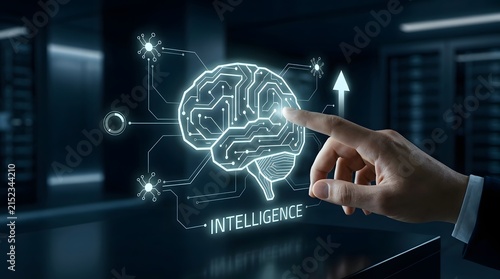 Artificial intelligence concept with a glowing human brain outline and connecting circuitry being touched by a hand in a server room