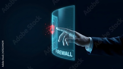 A hand interacting with a glowing holographic firewall display showing data protection and cybersecurity concepts in a dark blue setting