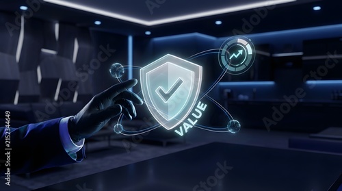 Futuristic security shield with a checkmark and glowing lines being touched by a hand in a dark blue room