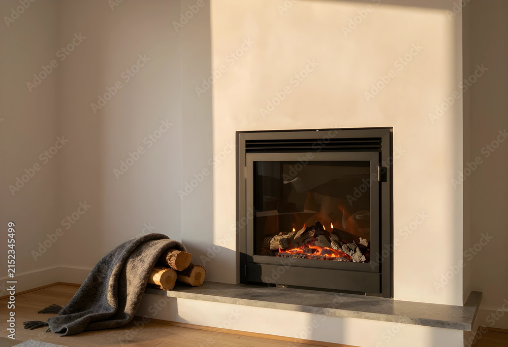 Obraz premium Modern gas fireplace with burning logs and a cozy blanket on a stone hearth in a minimalist living room, a soft, patterned blanket is draped over a stack of cut wood logs on a gray stone hearth