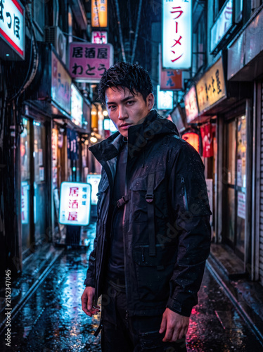 Man in Rainy Neon Alleyway