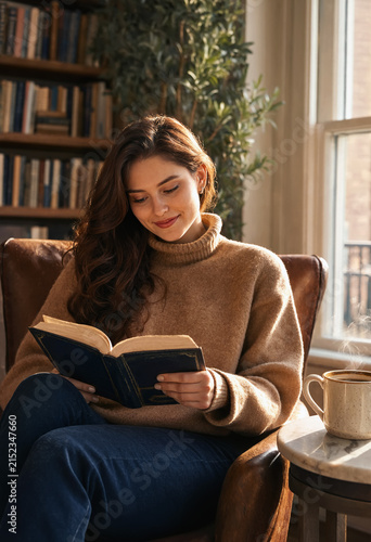 A young woman sits comfortably in a leather armchair, engrossed in a book. Beside a steaming mug by a sunlit window with bookshelves behind. Cozy, peaceful, and warm home reading atmosphere