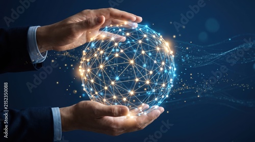 Hands holding glowing global network sphere, representing worldwide connection, internet of things, and global communication technology concept against dark background.