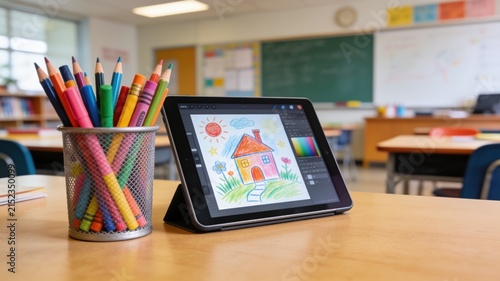 Digital tablet with colorful house drawing next to pencils and crayons in a cup on classroom desk. Knowledge Day and modern back to school concept.