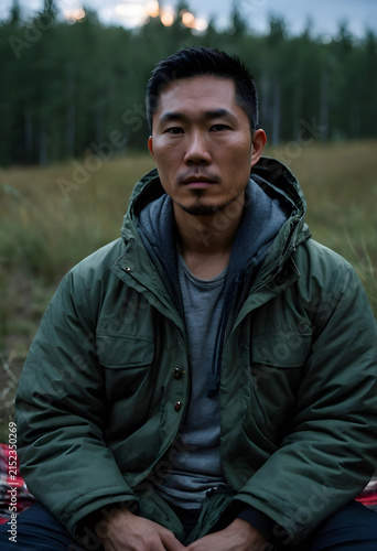 Young asian man in a green jacket and gray hoodie sitting outdoors in a field with trees in the background, the background features blurred trees and a natural landscape