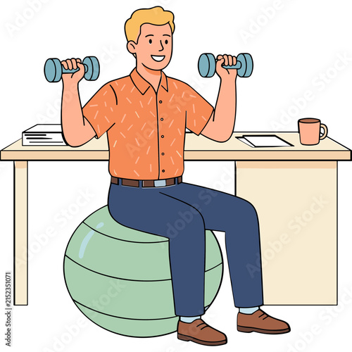 Office Workout Session: A man is exercising with dumbbell in his hand while sitting on stability ball in the office.