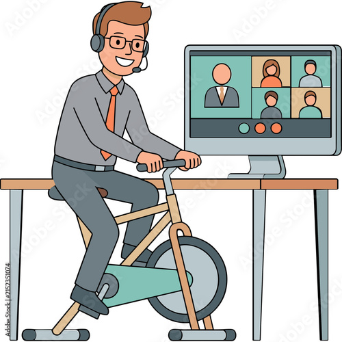 Multitasking Maverick: A man in a headset joyfully cycles on an exercise bike while participating in a video conference call on his computer, embodying the modern hybrid work environment.