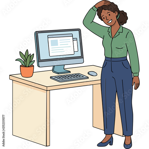 Frustration at the Desk: A businesswoman stands by her desk, touching her head in a gesture of frustration or confusion while looking at a computer screen.