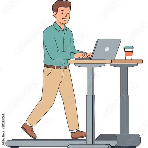 The Multitasking Professional: A man is working on a laptop while walking on a treadmill desk, illustrating a healthy and productive work habit.