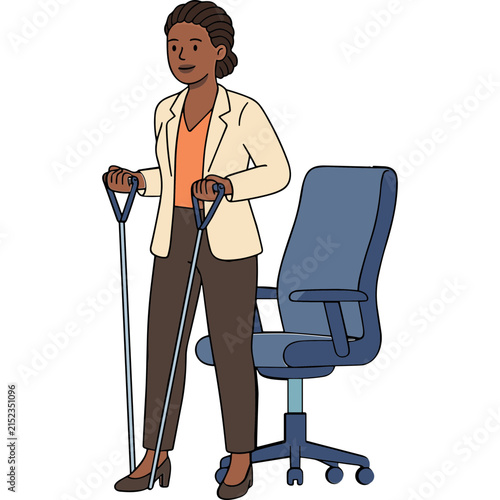 Office Fitness Routine: A woman in professional attire demonstrates an exercise routine using resistance bands next to an office chair, promoting wellness and active lifestyle within a workspace.