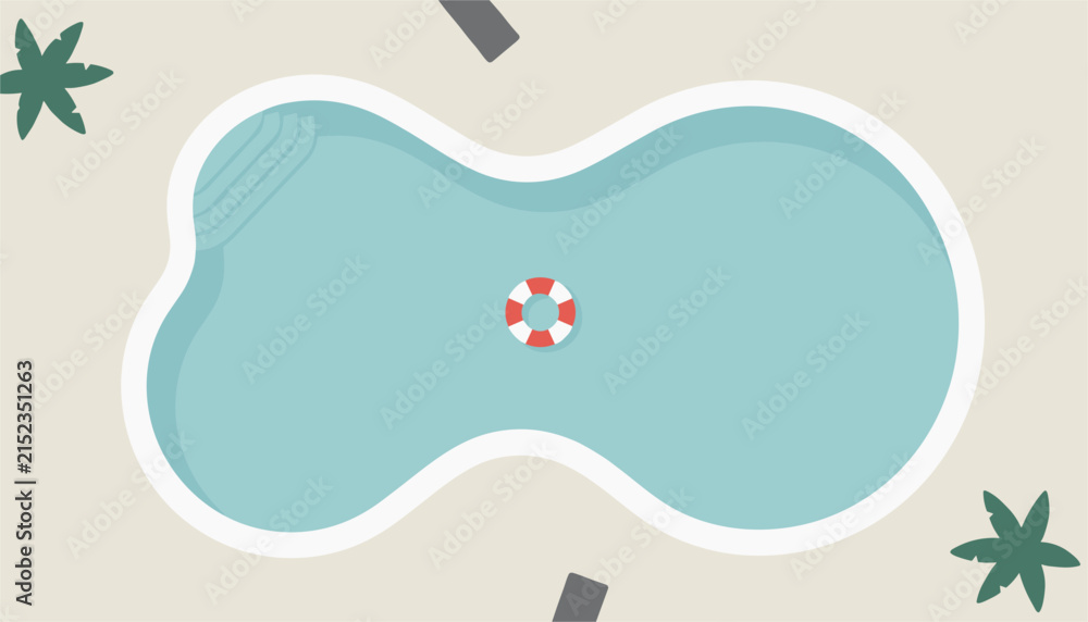 Naklejka premium Overhead top view of a curved outdoor swimming pool with a red and white lifebuoy