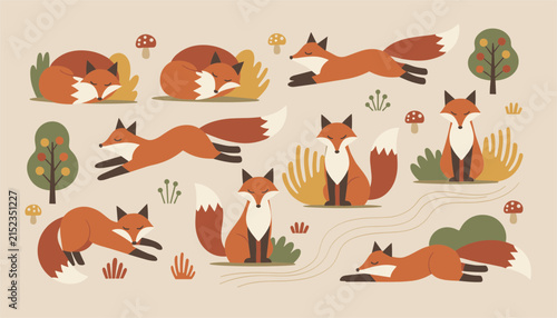 Cute red fox characters in different poses set on beige background