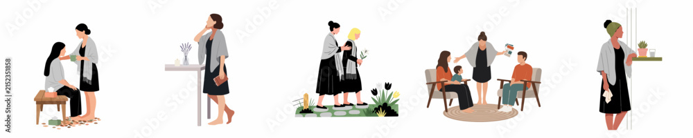 Obraz premium Set of Minimalist Flat Vector Illustrations Depicting Women in Daily Life Activities, Including Skincare Routines, Socializing with Friends, Home Wellness, and Personal Grooming Scenes