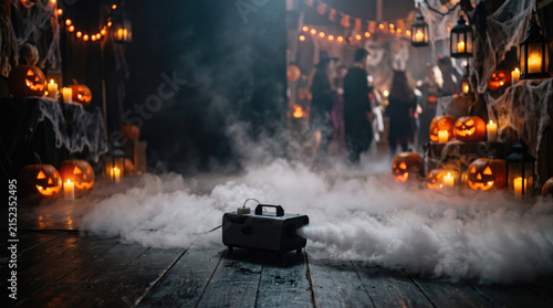 A spooky Halloween scene with fog, carved pumpkins, and decorative lanterns. People in costumes are visible in the background, creating a festive atmosphere.