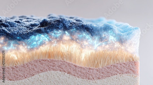 3D medical render of ocean wave crashing over human hair follicle cross-section in sand