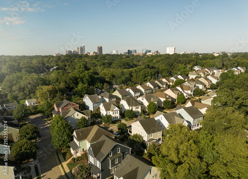 Aerial view of a new housing development with luxury homes near downtown Raleigh, North Carolina