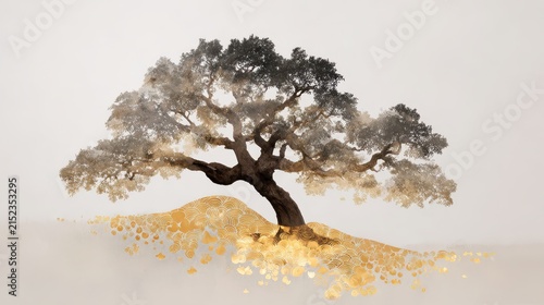 Dramatic double exposure banyan tree silhouette merging with golden desert sand dunes at dawn