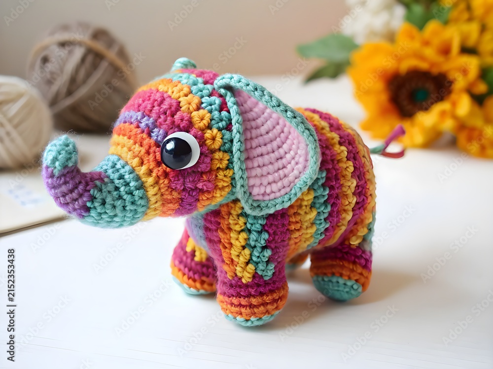Obraz premium Multicolored crocheted elephant isolated on transparent background for design