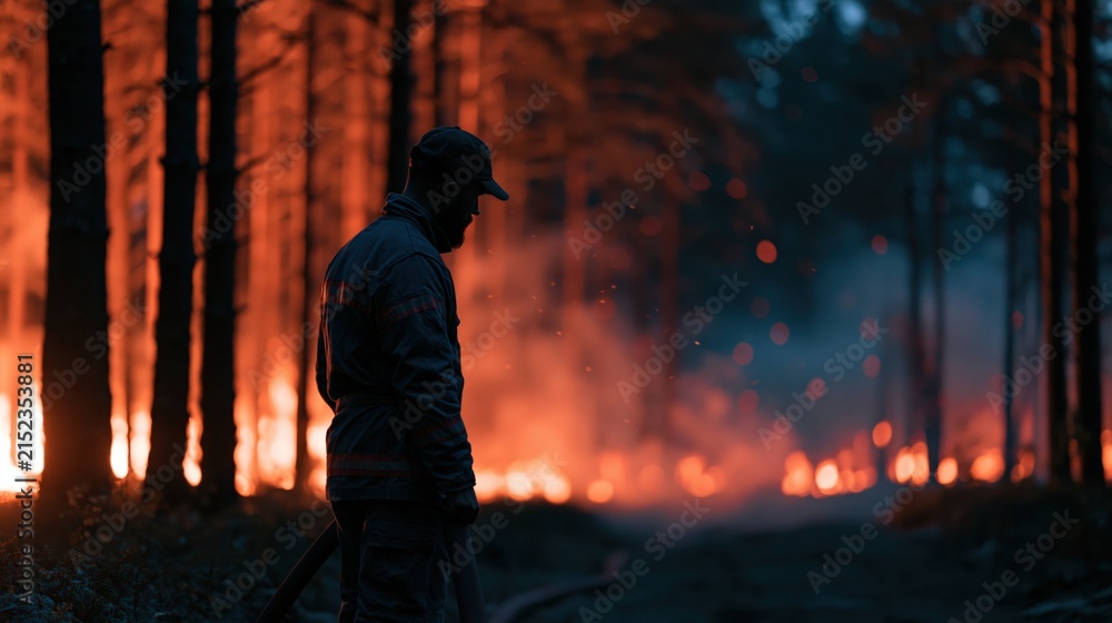 Fototapeta premium A firefighter in protective gear stands near blazing pine trees, holding a hose. Glowing smoke and orange sparks fill the air, creating cinematic tension against the dark forest backdrop.