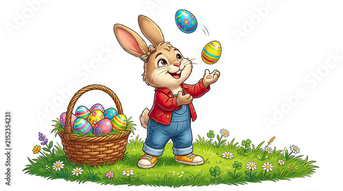 Cute cartoon easter bunny juggling colorful decorated eggs with a basket isolated on transparent background