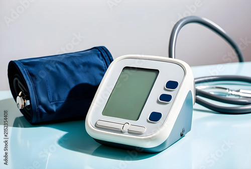 Digital blood pressure monitor with a blue cuff and stethoscope on a light blue surface, health care and medical equipment