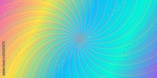 Vibrant rainbow color gradient background featuring abstract swirling radial line rays.