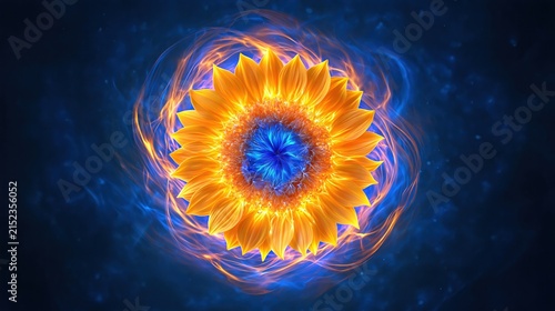 Abstract glowing sunflower with blue and orange energy swirls on dark background