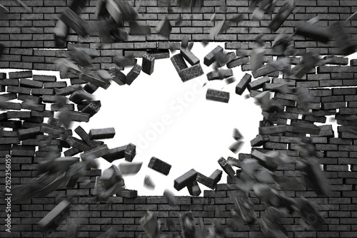 A front view of a broken gray brick wall, showing flying debris and bricks. Exploding brick wall against a white background. Extensive destruction. A hole in the destroyed brick wall. 3D render