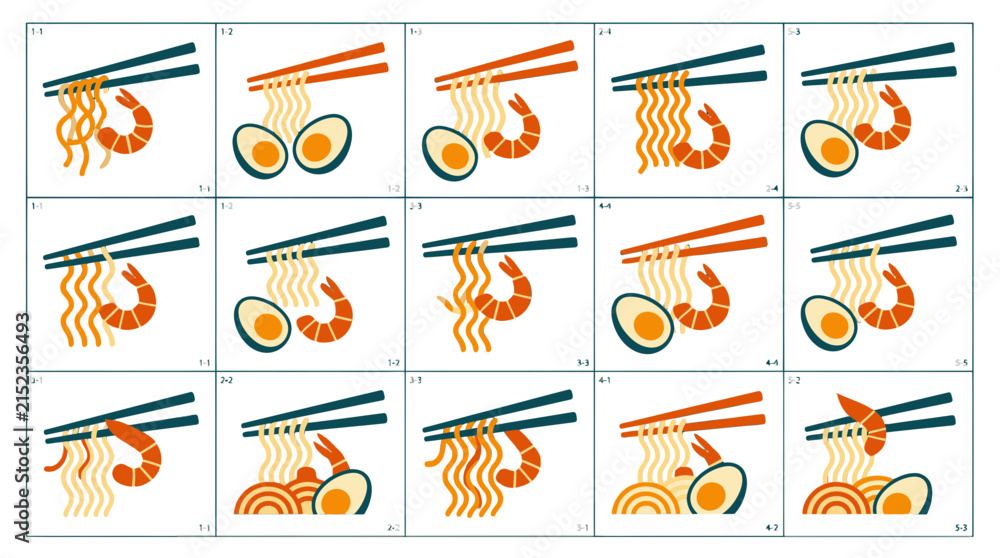Obraz premium Chopsticks Lifting Instant Noodles with Shrimp and Egg Variations Flat Vector Icon Set
