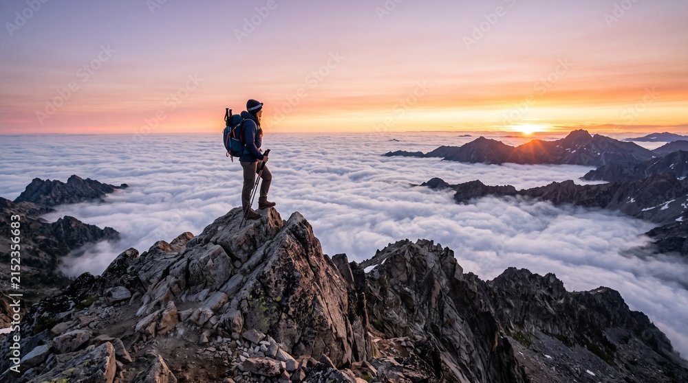 Fototapeta premium Mountaineer standing on rocky summit above clouds during golden hour for travel agency marketing