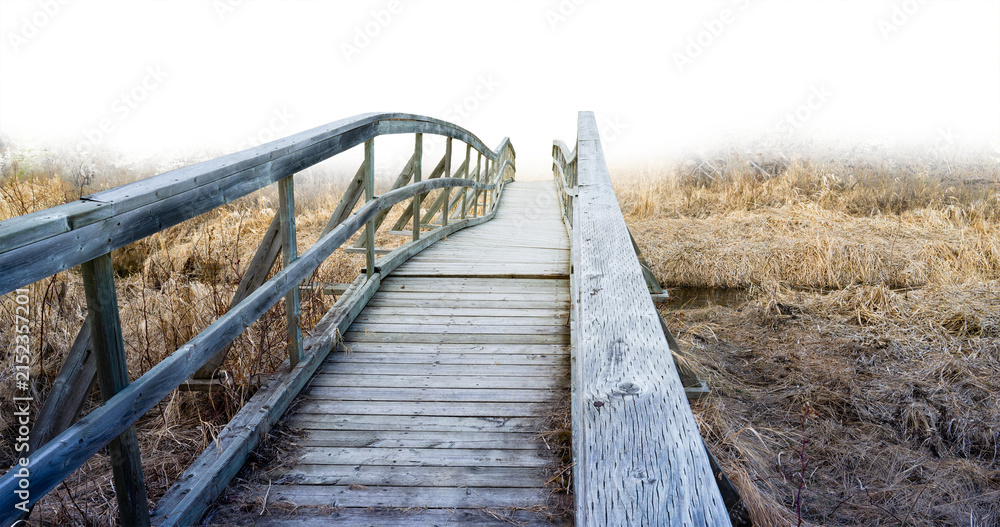 Obraz premium View over an old dilapidated wooden walking bridge surrounded by dry brown grass with a transparent sky