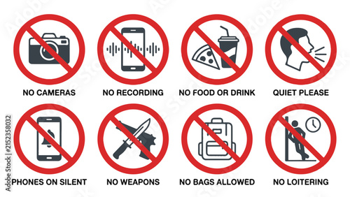 Prohibition vector icon set. Forbidden signs for no cameras, recording, food, weapons, bags, and loitering. Red circle safety symbols with text labels. 8 restricted symbols.